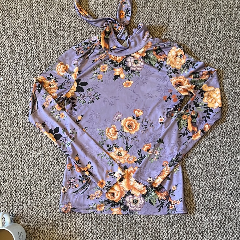 Zara mock neck Voilet Floral Long Sleeve Turtleneck With Ribbon